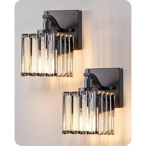 EDISHINE Bathroom Light Fixtures, Modern Wall Sconces Set of Two, Crystal Bathroom Vanity Llight, Indoor Lighting Fixtures Over Mirror, Black Wall Lamp for Bedroom
