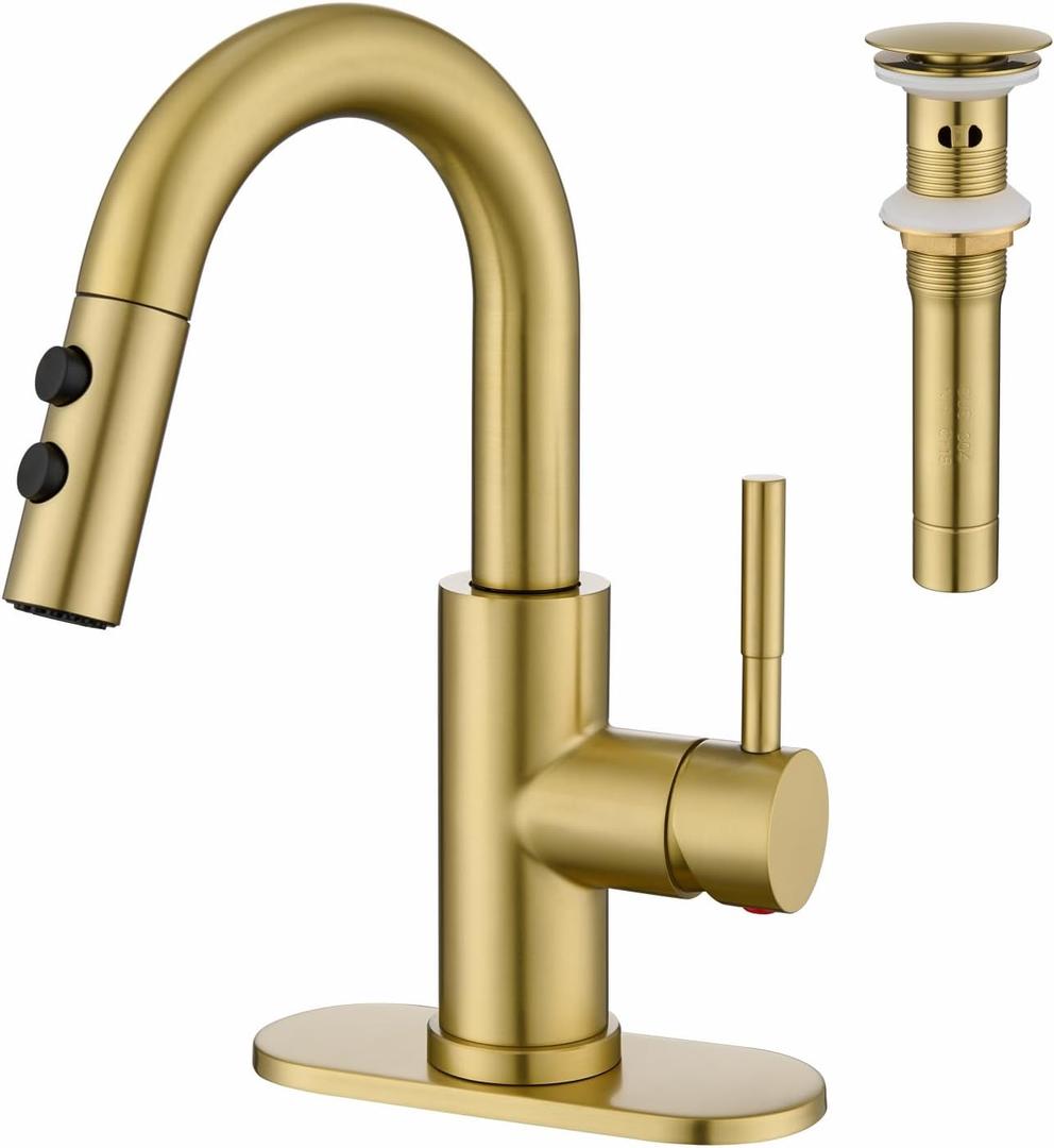 Bathroom Sink Faucet with Pull Down Sprayer, Brushed Gold Single Handle Pull Out Faucet with Pop-Up Drain, 1 or 3 Hole Laundry Bar Basin Faucet with Deck Plate, KBL-7002BG-CL