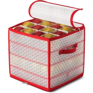 ZOBER Christmas Ornament Storage Box Plastic - Stores 64 3" Ornaments with Individual Trays - Ornament Organizer Storage Box, Durable Christmas Containers Holder - Red