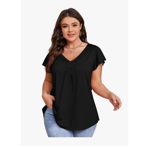 Plus Size Short Sleeve T-Shirts Women Casual Summer Tops V Neck Loose Pleated Blouses , Size XL