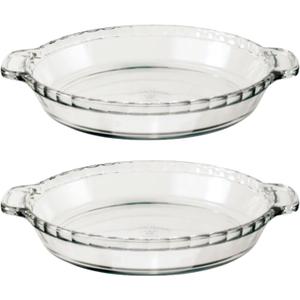 Anchor Hocking 2 Pack 9.5 Inch Glass Pie Plates Classic Bakeware for Pies, Quiches, and Tarts Oven Safe, Dishwasher Safe, Made in USA