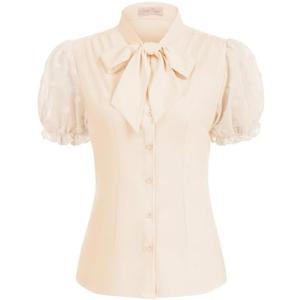 Belle Poque Womens Vintage Victorian Shirts Cotton Long Sleeve Ruffle Button Down Casual Blouses Tie Neck Work Tops, XL, Beige