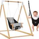 2-in-1 Baby Jumper & Swing, Montessori Wooden Toddler Swing Set with Stand for Indoor/Outdoor, Baby Bouncer Jumper & Hammock Swing with 5-Point Harness, Suitable for Children Ages Up to 3 Yrs