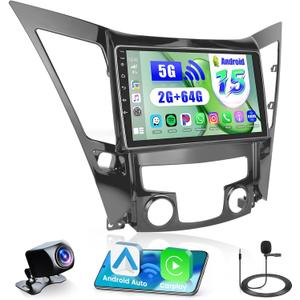 4Core 2+64G Hikity for Hyundai Sonata 2010-2015 Android Car Stereo, 9 Inch Touchscreen Radio with Wireless Carplay, Android Auto, WiFi, GPS Navigation, Bluetooth, DSP, FM RDS, EQ + Backup Camrea