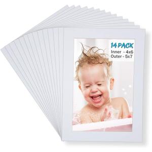 Egofine 5x7 White Picture Mats Pack of 14, Frame Mattes for 4x6 Pictures, Acid Free, 1.2mm Thickness, with Core Bevel Cut