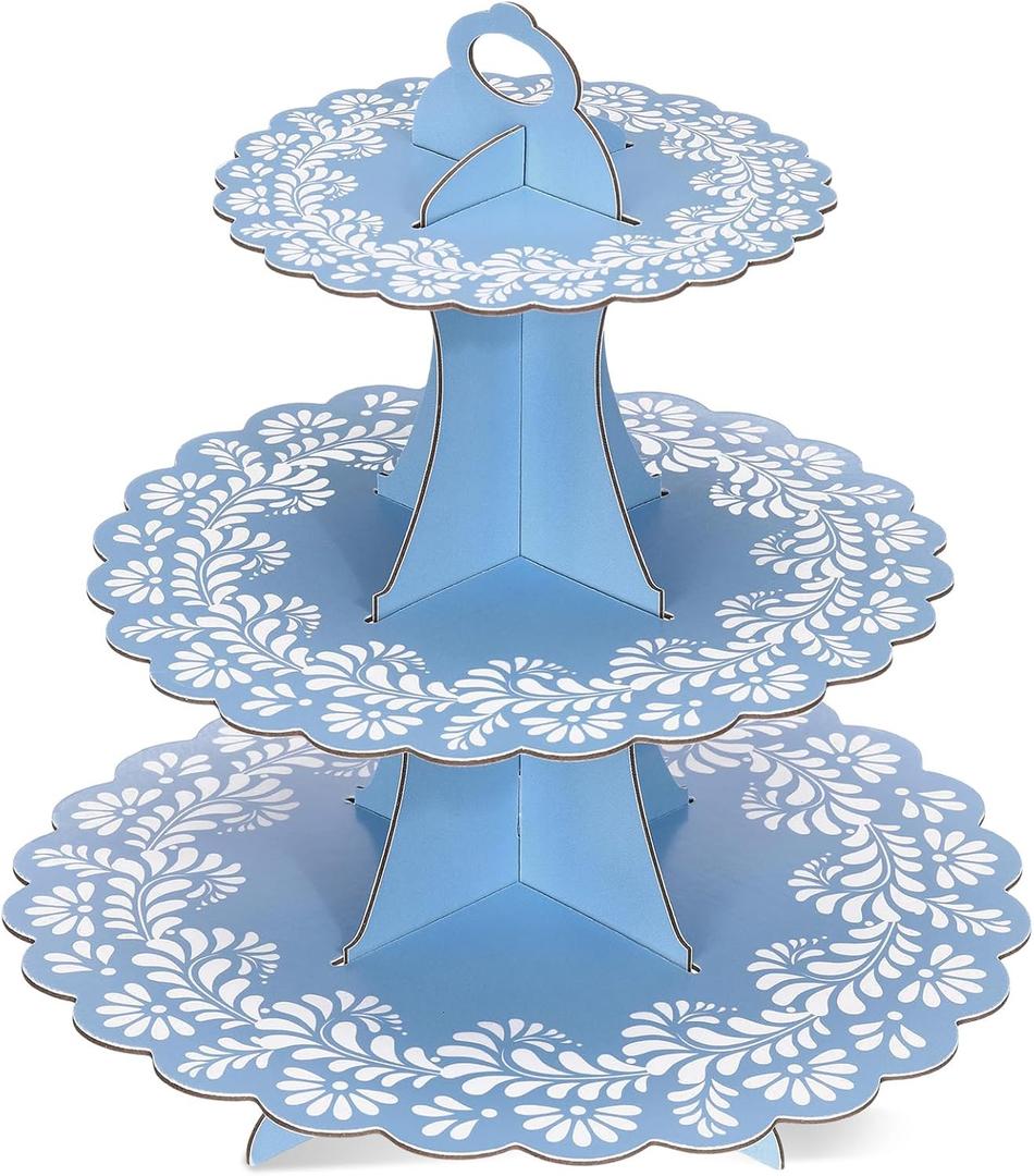 Mexican Cielito Lindo Party Decoration, 3 Tier Terracotta Cupcake Stand, Cardboard Dessert Tower Holder Display for Wedding Cinco De Mayo Baby Shower Birthday Fiesta(Talavera,Blue)