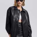 Womens Oversized Faux Leather Jackets Moto Biker Zip Up Bomber Coat Black, Large