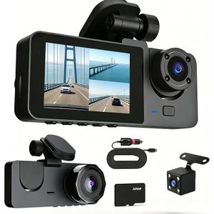 Dash Cam Front and Rear Inside,3 Channel Car Dash Camera,1080P HD Car Dashcam Video Recorder with 32GB Card,Super Night Vision,G-Sensor Motion Detection,WDR,24H Parking,Loop Recording