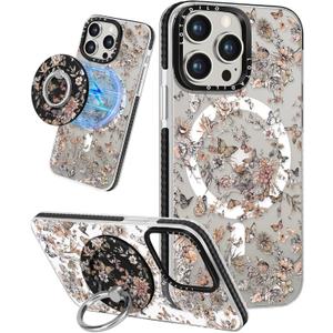 Lotadilo for iPhone 15 Pro Case for Women - Girls Kawaii Design Compatible with Magsafe Magnetic Ring Holder Stand Butterfly Plants Phone Covers Aesthetic Girly TPU Funda for 15 Pro