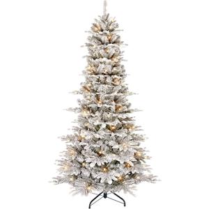 Puleo International 6.5ft Pre-Lit Slim Flocked Aspen Fir Christmas Tree with 350 Clear Lights, 760 Realistic Dense Snow Flocked Branch Tips, Easy Setup Artificial Trees with Sturdy Metal Stand
