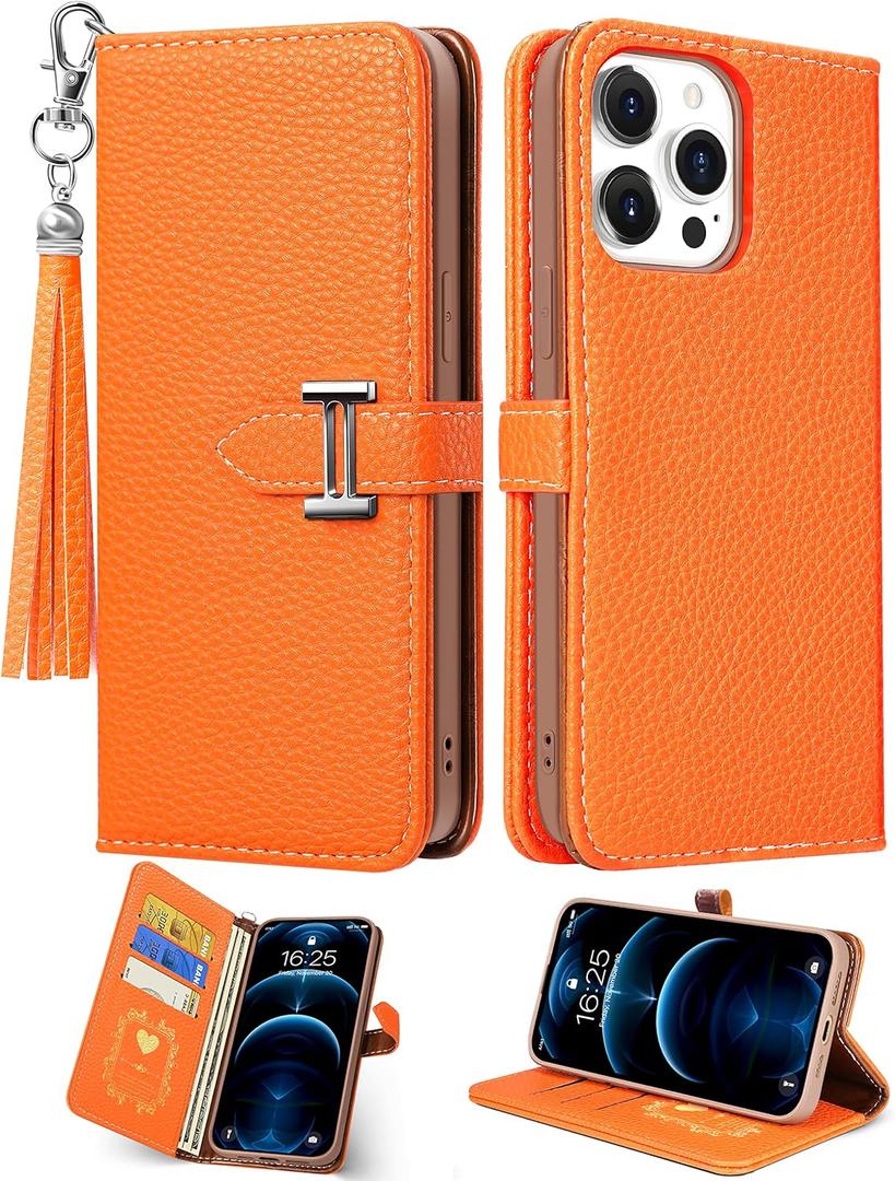 for iPhone 14 Pro Max Case Wallet for Women Leather Folio Designer Luxury Phone Cases with Credit Card Holder Stand Flip Cute Orange Cover Elegant Pretty with Tassel for Apple 14 Promax 6.7"