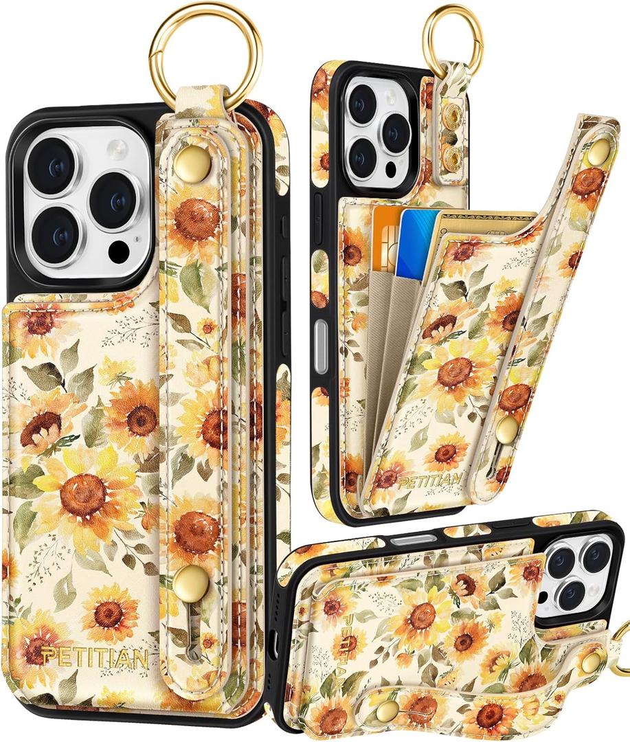 Petitian for iPhone 16 Pro Max Case Wallet - Women Girls Cute Girly Aesthetic Unique Design Leather Credit Card Holder Cardholder Stand Wristband for iPhone 16 Pro Max, Sunflower