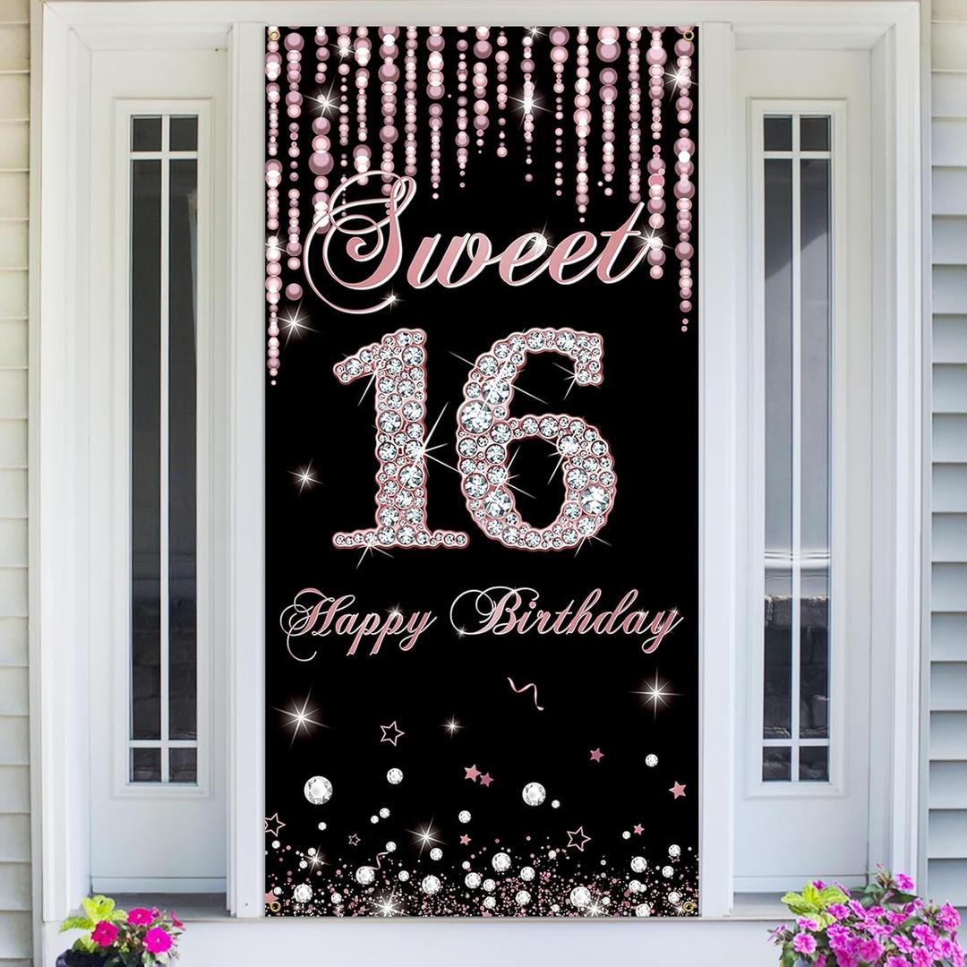 Sweet 16 Birthday Door Backdrop Rose Gold, Sweet Sixteen Party Decorations, Happy 16th Birthday Decorations for Girls, 16 Year Old Birthday Yard Sign Banner Photo Props Decor, Fabric
