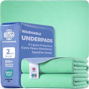 Accompagner Incontinence Bed Pads Washable Waterproof, Ultra-Absorbent Reusable Underpads for Diaper Changing, Nursing, Bedridden, Adults, Seniors, Kids and Dogs (Green, 36"x54"(Pack of 2))