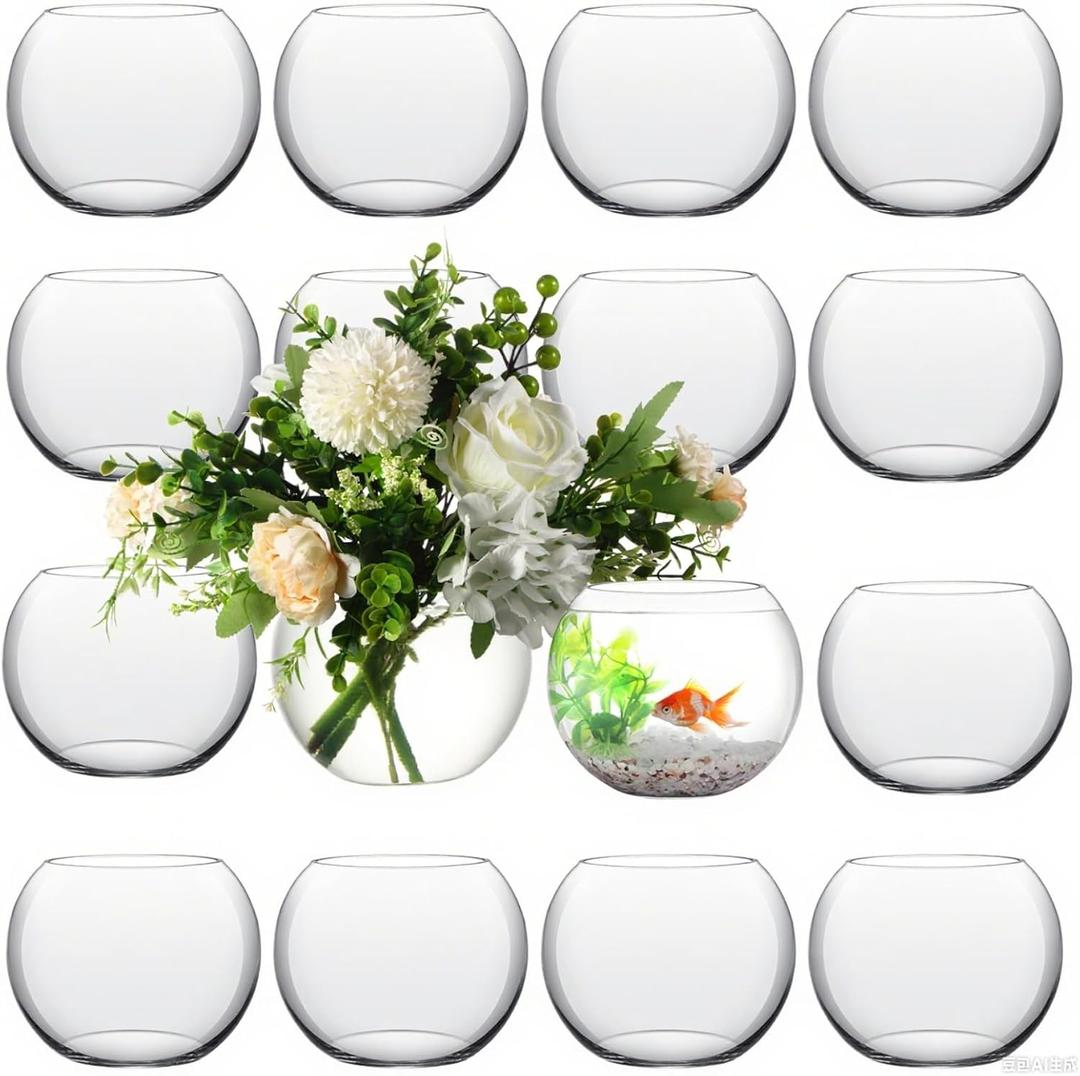 12 Pcs Glass Fish Bowl Round Vase for Centerpiece Bulk Clear Bubble Fish Bowl Decorations Flower with Water Gel Beads for Wedding Floral Floating Filler Home Decorations