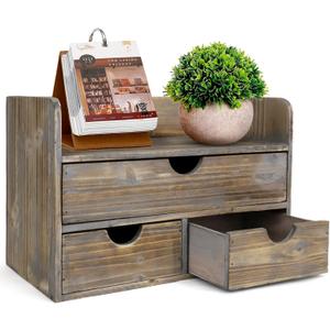 Besti Wooden Office Desk Organizer - Organizing Tool for Desktop, Cubicle, Bedroom, Kitchen - Vintage Style Organization Caddy with Top Tray Shelf & 3 Drawers - 13.6x9x7 Inches (Rustic)