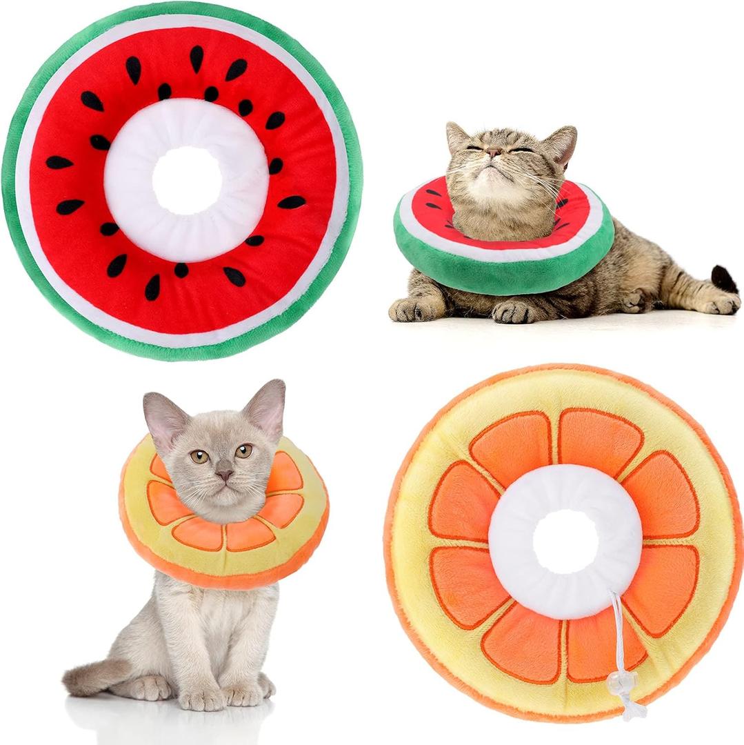 2 Pcs Adjustable Cat Cone Collar Soft Small Cat Recovery Elizabethan Collar for Kittens After Surgery Kitten Neck Cones Donut Cute Orange Watermelon for Small Dogs Pet, Under 7 lbs