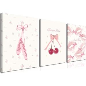 Coquette Pink Bows Wall Art Set of 3 Cute Hot Pink Cherry Wall Decor Trendy Pastel Teen Girl Lips Canvas Poster Prints Kawaii Girly Pictures for Dorm Bedroom Living Room Framed 16x24 inch