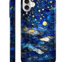 Compatible with iPhone 16 Case,Hybrid 2-Layer Hard Shell Silicone Case Scratch Resistant Shockproof Cover Aesthetics Stained Glass Stars Moon