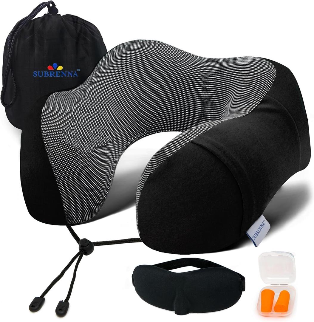 Adjustable Travel Pillow for Neck Support & Comfort, Lightweight Memory Foam Travel Neck Pillow for Sleeping - Washable & Breathable Plane Pillow for Traveling with Eyemask, Earplug & Carry Bag (Cosmic Black)