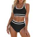 Blooming Jelly Womens High Waist Bikini Sets Sporty Color Block Two Piece Swimsuits Scoop Neck Cheeky Bathing Suits, size -M