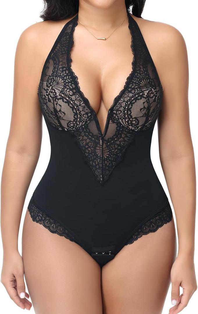 SHAPERIN Sexy Lace Bodysuits for Women Tummy Control Shapewear Built in Bras Corset Body Suit Going Out Outfits (Large, #126-black Nude)