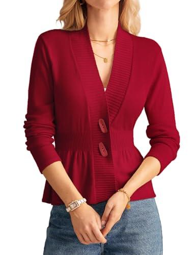 GRACE KARIN Women Cardigan Sweaters 2025 Fall,Long Sleeve Cropped Sweater Coat Trendy,Button Front Peplum Tops Lightweight Red.L