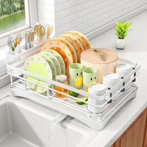 Dish Drying Rack - Stainless Steel Dish Rack for Kitchen Counter, Large-Capacity Dish Drainer with Cutlery Holder, Kitchen Organizer for Dishes, Spoons and Forks, White