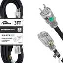 Extension Cord Weatherproof with Lighted End, UL Listed, 10 Gauge 3FT Black 3 Prong Heavy Duty, 10/3 SJTW 15A Power Cord for Lights, Lawn