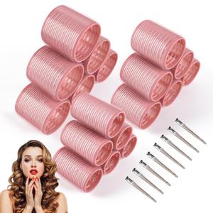 26 Pcs Ceramic Thermal Hair Rollers Set,Hair Curlers for Blowout Look Long Medium Short Hair,Jumbo Self Grip Hair Rollers with Clips for Women(18 Rollers + 8 Stainless Steel Clips,Pink)