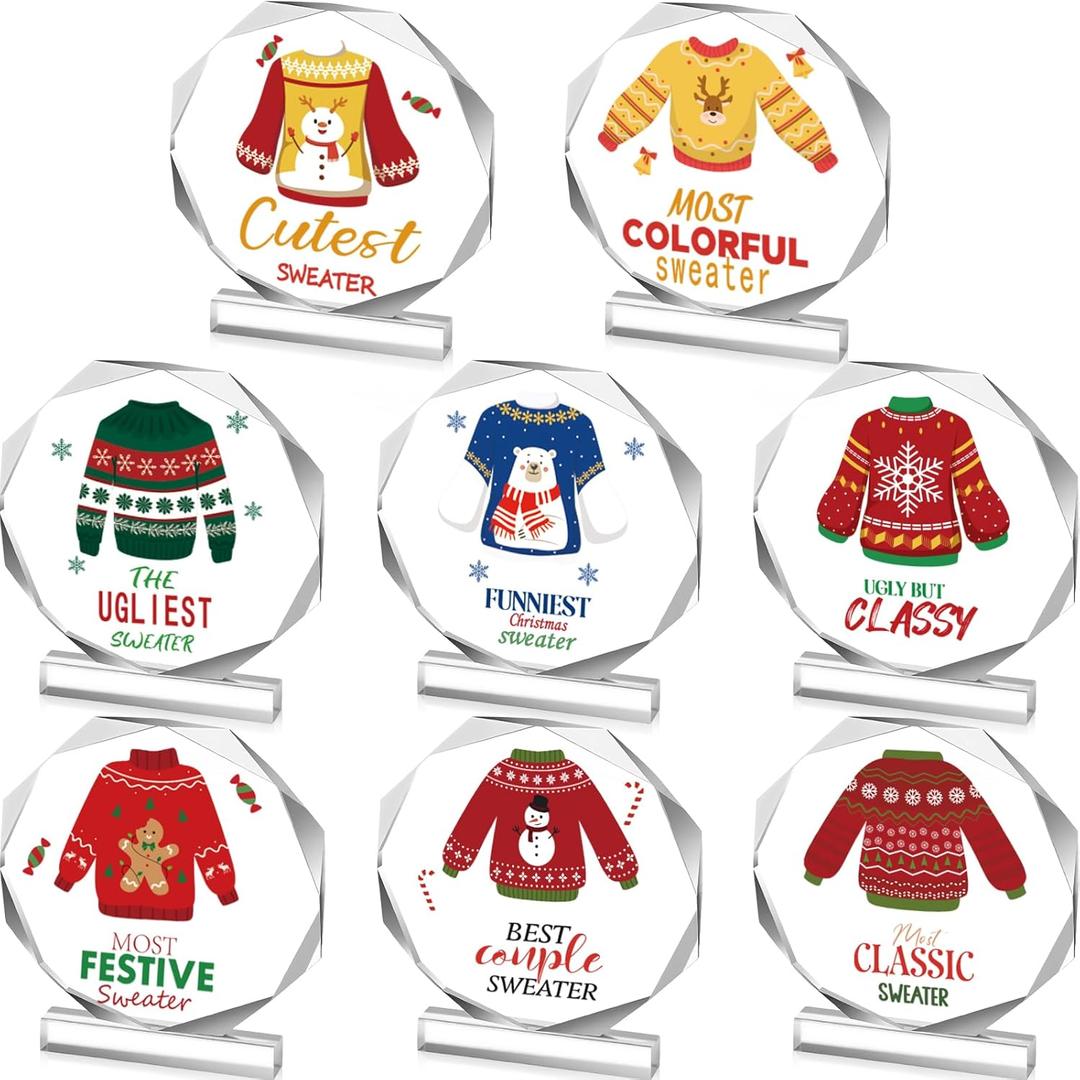 Misdary 8 Pcs Funny Ugly Sweater Gingerbread Christmas Acrylic Trophy Award 4 Inch Christmas Party Trophy Award Contest Prizes for Costume Contest Xmas Winner Holiday Party Supplies