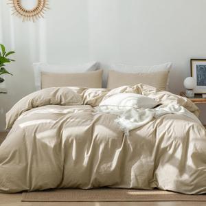MooMee Bedding Duvet Cover Set 100% Washed Cotton Linen Like Textured Breathable Durable Soft Comfy (Heathered Almond Milk Grey, Twin 68"x90")