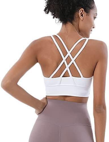 Women's Medium Support Sports Bra Criss Cross Back Strappy Yoga Bra with Removable Pads Seamless Comfort Fit (White), S