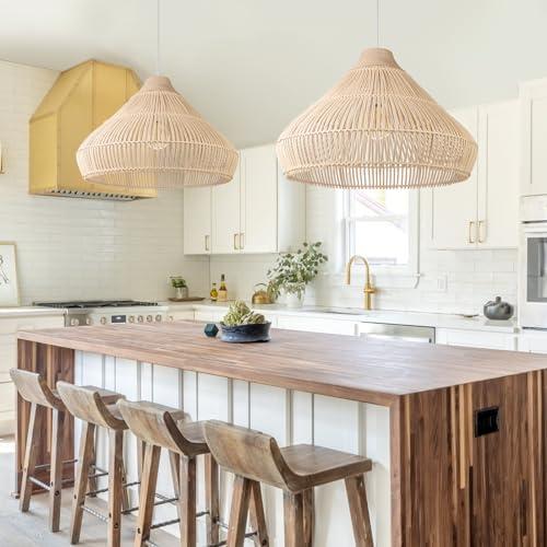 Arturesthome 1 Light Rattan Pendant Light, Coastal Rustic Wood Ceiling Lighting Fixture, Vintage Farmhouse Lampshade Chandelier Hanging Lamp Shade for Kitchen Island Dining Room