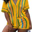 Summer 2 Piece Short Sets For Women Crochet Short Sleeve Shirt and Shorts Matching Set Vacation (X-Large, Yellow)