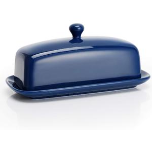 Sweese Butter Dish with Lid, Porcelain Butter Keeper, 7.8 Inch Butter Holder with Handle Cover, Butter Container Perfect for East West Coast Butter, Navy