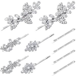 Janinka 10 Pieces Rhinestone Wedding Hair Clips Bridal Crystal Bobby Pins Silver Barrette Leaf Flower Wedding Elegant Hair Accessories for Bride Women and Girls(Rhinestone Style)
