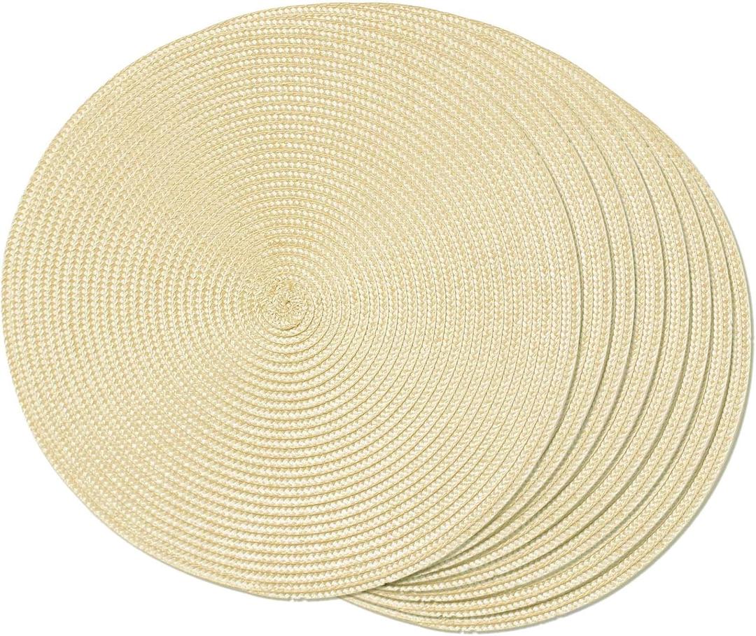 FunWheat Round Braided Placemats Set of 8 Place Mats for Dining Table Woven Washable Non-Slip Table Mats 15 Inch(Ivory,8pcs)
