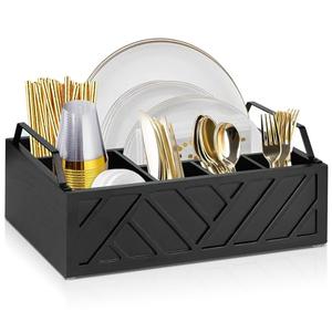 Ukonvi Paper Plate Dispenser and Holder for Kitchen Counter, Wood Rustic Silverware Utensil Caddy, Cutlery Flatware Organizer Box for Cups Spoons Forks Napkins, Kitchen Accessories (Black)