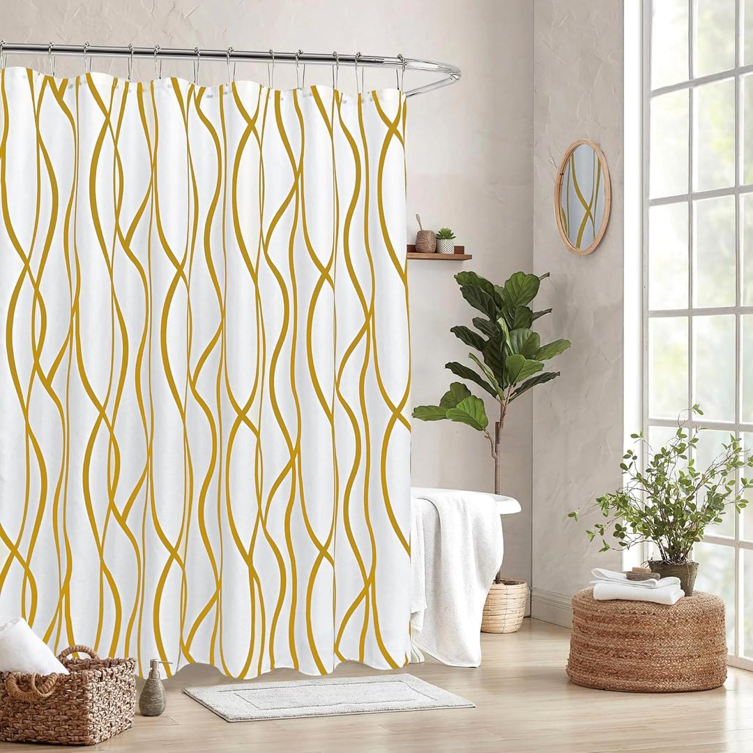 Biscaynebay Extra Long Textured Fabric Shower Curtain 72 Inch by 72 Inch, Gold Printed Striped Linen Modern Hotel Luxury Quality Cloth Bathroom Curtains Machine Washable