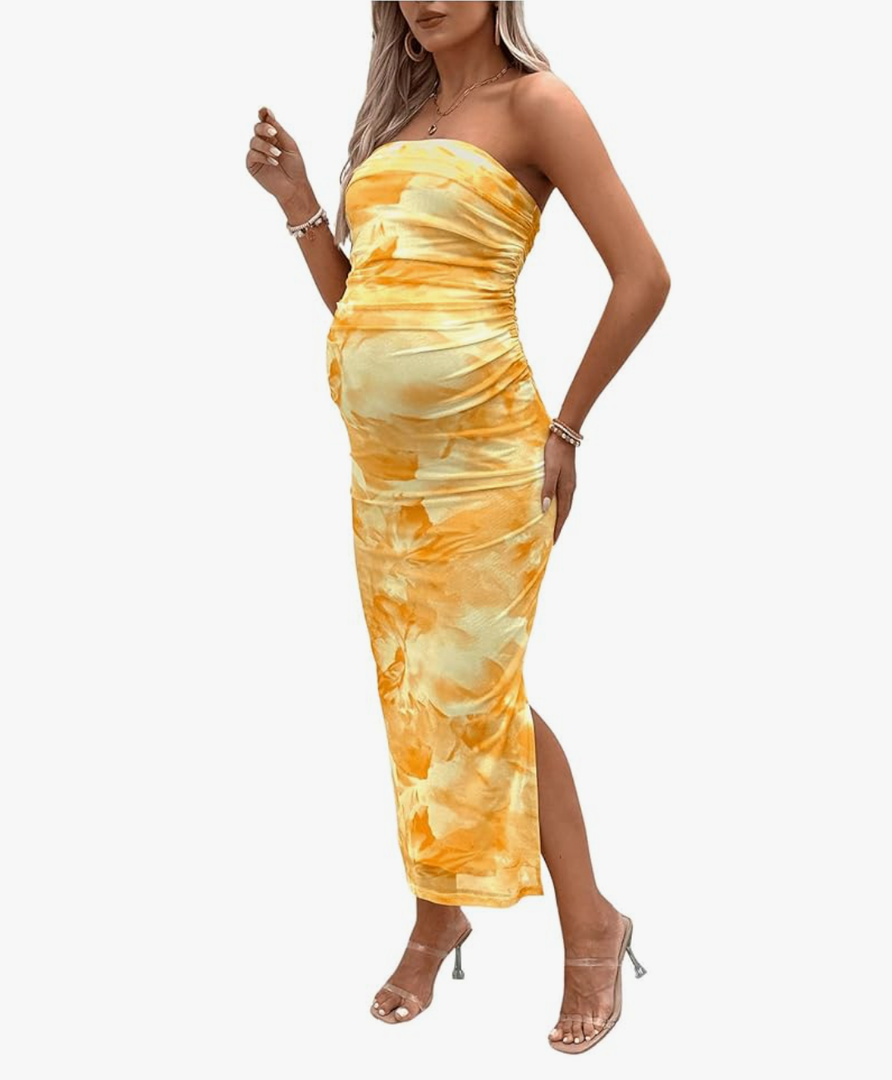 Women's Maternity Floral Mesh Split Strapless Tube Dress Bodycon Maxi Dresses Medium