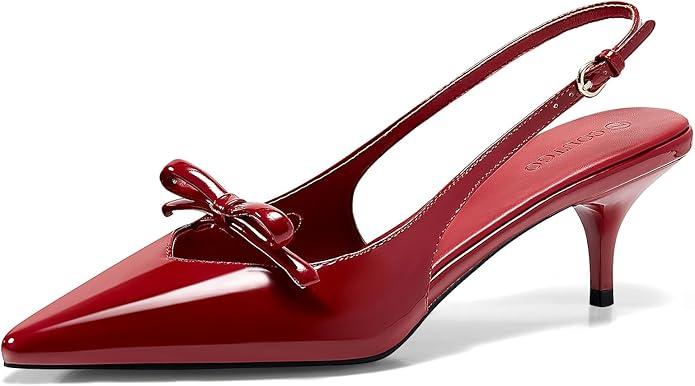 Coutgo Womens Bow Slingback Heels Low Kitten Heel Pumps Closed Pointed Toe Party Wedding Dress Shoes Red 8