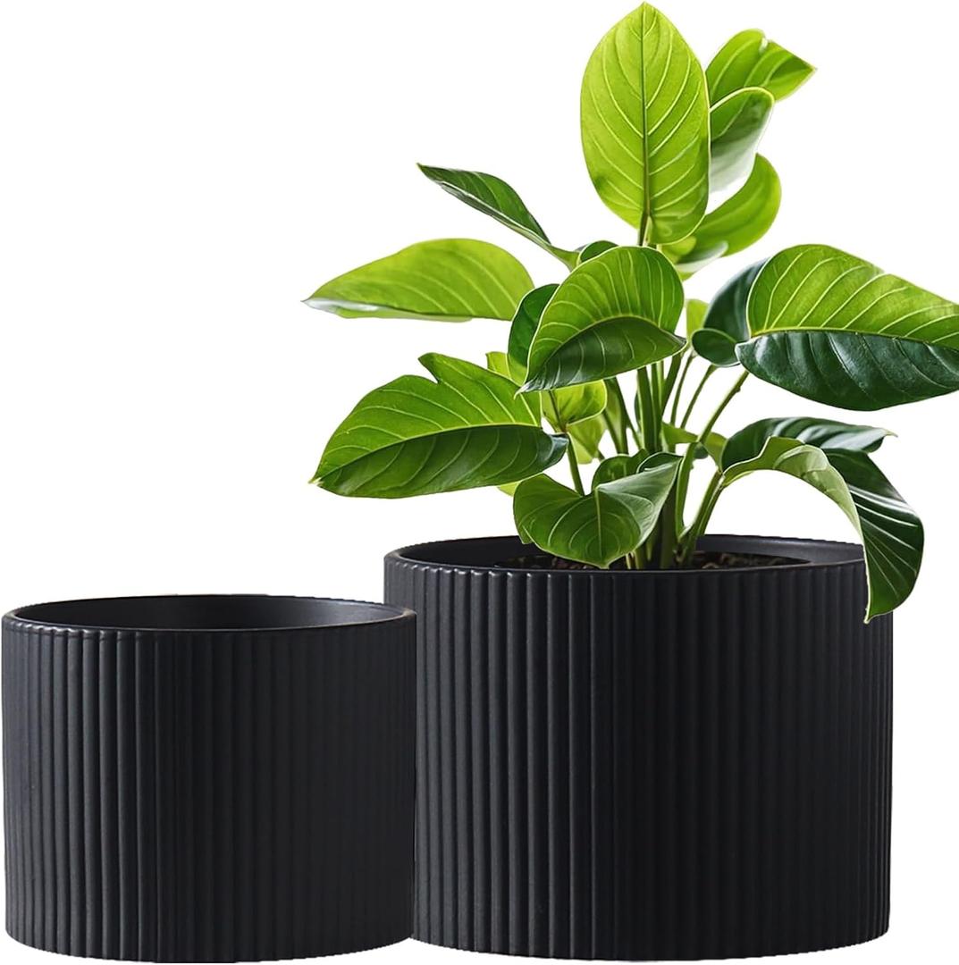 Ceramic Plant Pots, 8.1 + 6 Inch Planters for Indoor Plants, Modern Flower Pots for Plants with Drainage, Medium Cylinder Flower Pots for Indoor Plants, House Plants, Matte Black