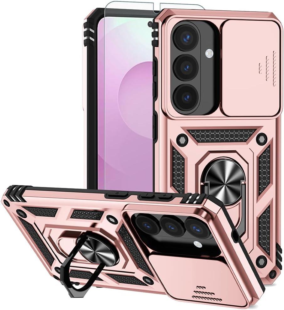 for Samsung Galaxy S26 Plus Case, Bumper Hard Plastic Phone Case with [Sliding Camera Lens Cover] [360 Rotatable Kickstand Ring] [HD Screen Protector] for Samsung Galaxy S26+ Plus Rose Gold
