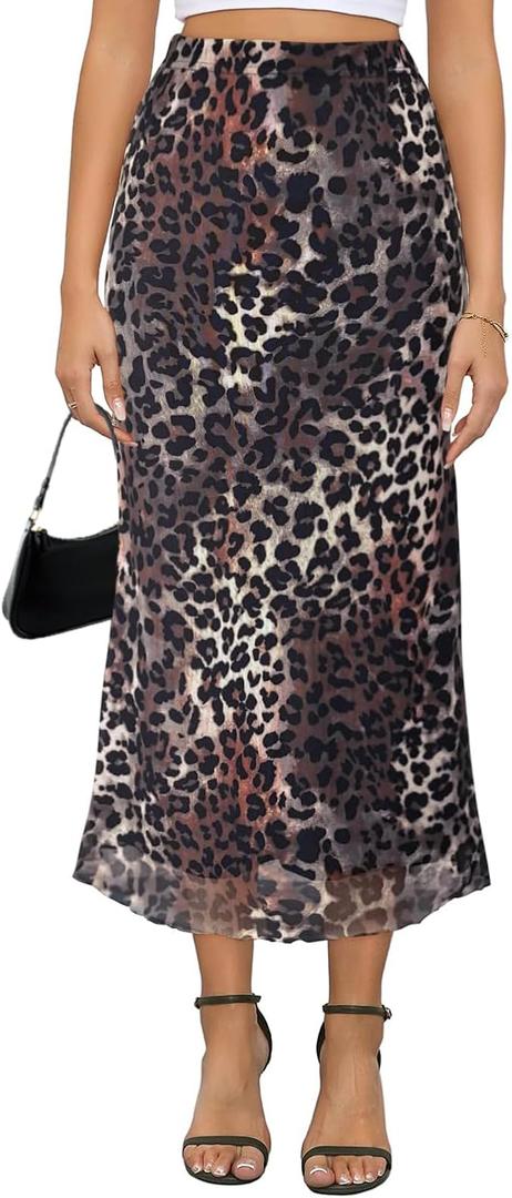 Women's Y2k Mesh Midi Skirt Elastic High Waisted Floral Print Bodycon Mermaid Long Skirts for Women
, Size L