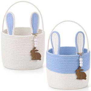 Wonderjune 2 Pcs Large Easter Baskets Woven Rope Bunny Basket Unique Easter Basket with Rabbit Wood Name Tags for Egg Hunt Girls Boys(Blue and White)