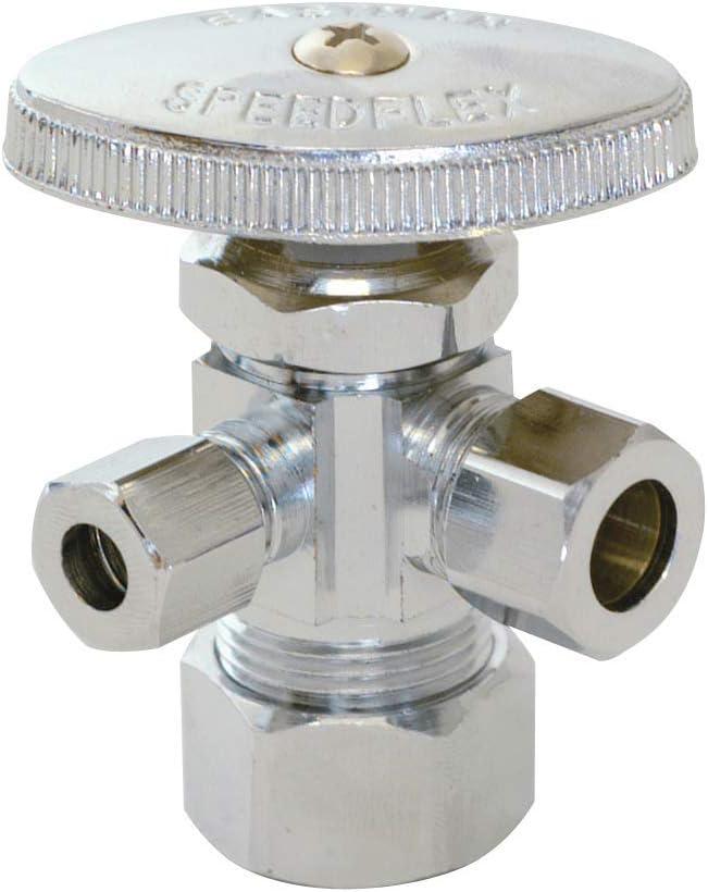 Eastman 3/8 Inch x 1/4 Inch x 5/8 In. OD Compression (1/2 In. Nom.) Multi-Turn Dual-Outlet Three-Way Stop Valve, Brass Plumbing Fitting, Chrome, 04351LF