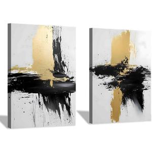 Black White Gold Abstract Wall Art Gold Foil Canvas Wall Art Black Grey And Gold Black White Grey Pictures Black Brush Stroke Wall Art Modern Abstract Picture Living Room Decor 16x24inchx2 Framed