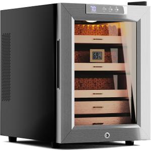 Woodronic Electric Cigar Humidor for 250 Cigars, 33L Cigar Cabinet with Temperature Control, Spanish Cedar Lined Drawers, Digital Hygrometer, Crystal Gel Humidifiers & Humidor Solution, Gift for Men (250 Count (Pack of 1), Stainless)