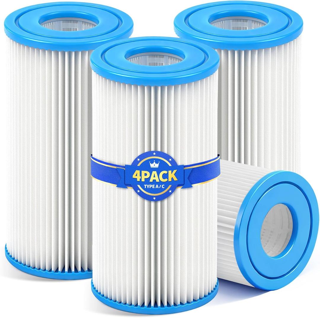 KimFilter Universal Type A/C Pool Filter Cartridge Replacement (4-Pack) Compatible with 1000GPH Above-Ground Pool Pumps Using Type A or C Filter, Reusable Cartridge with Superior Filtration Delivery
